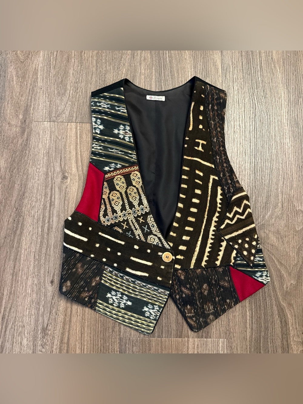 Vintage Giorgio, Beverly Hills Patchwork Tribal Print Vest with Red